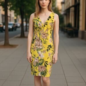 Christian Siriano Women’s Floral Sheath Dress Yellow Sleeveless Small V-Neck
